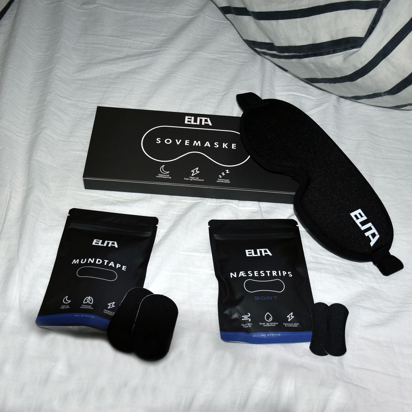 Sleep Bundle Næsestrips Nosestrips Nasal Strips Mundtape Mouth Tape 3D Sovemaske Sleeping Mask Sort